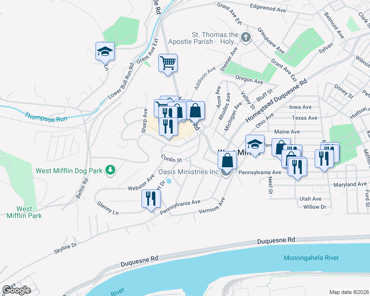 map of restaurants, bars, coffee shops, grocery stores, and more near 2124 Worton Boulevard in West Mifflin