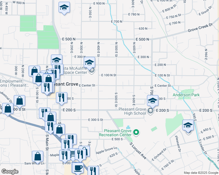 map of restaurants, bars, coffee shops, grocery stores, and more near 450 East Center Street in Pleasant Grove