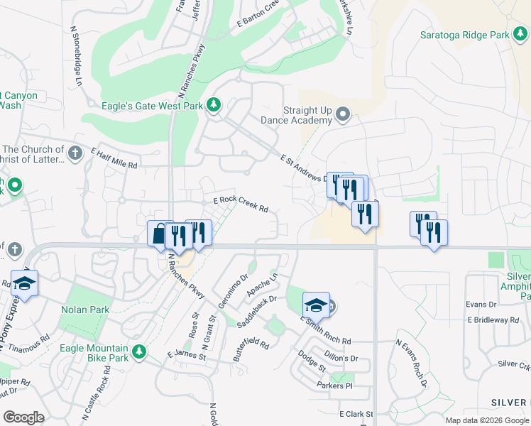 map of restaurants, bars, coffee shops, grocery stores, and more near 3826 East Rock Creek Road in Eagle Mountain