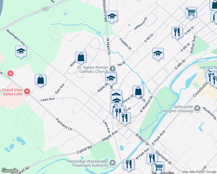 map of restaurants, bars, coffee shops, grocery stores, and more near 32 Noble Street in Sellersville