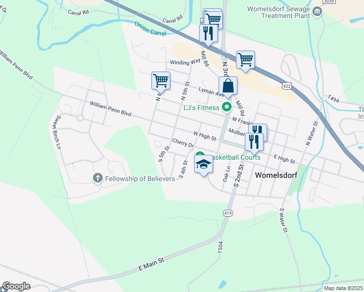 map of restaurants, bars, coffee shops, grocery stores, and more near 407 Washington Boulevard in Womelsdorf