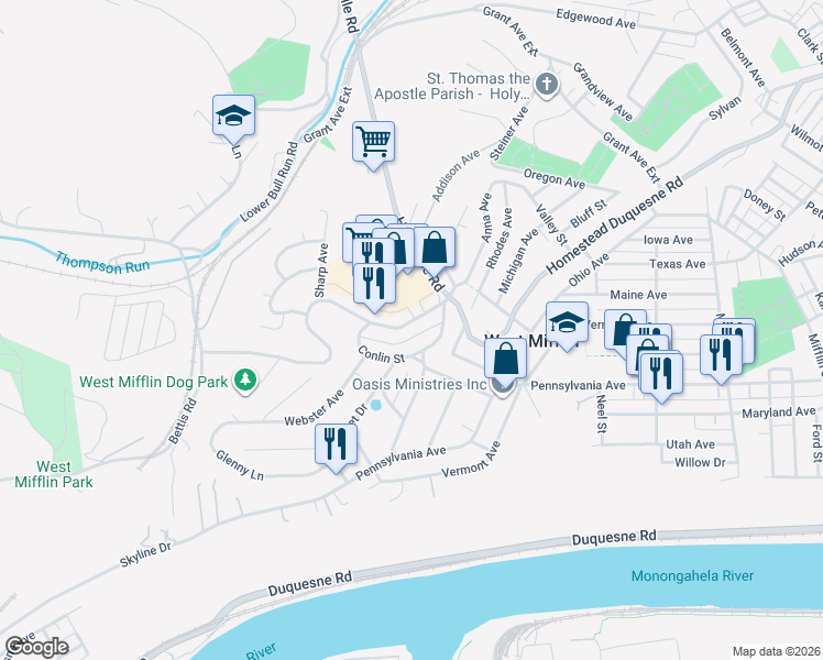 map of restaurants, bars, coffee shops, grocery stores, and more near 2124 Worton Boulevard in West Mifflin