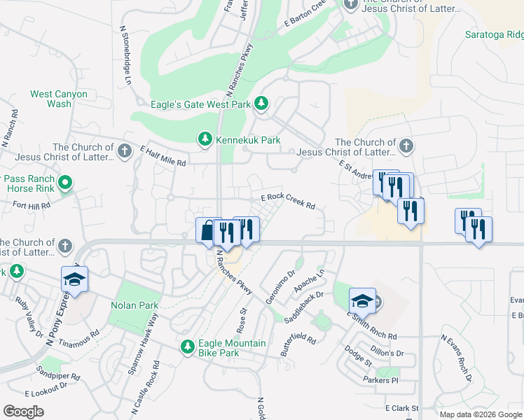 map of restaurants, bars, coffee shops, grocery stores, and more near 3637 East Flint Creek Lane in Eagle Mountain