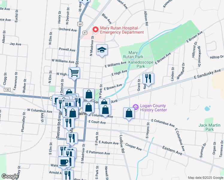 map of restaurants, bars, coffee shops, grocery stores, and more near 328 East Brown Avenue in Bellefontaine