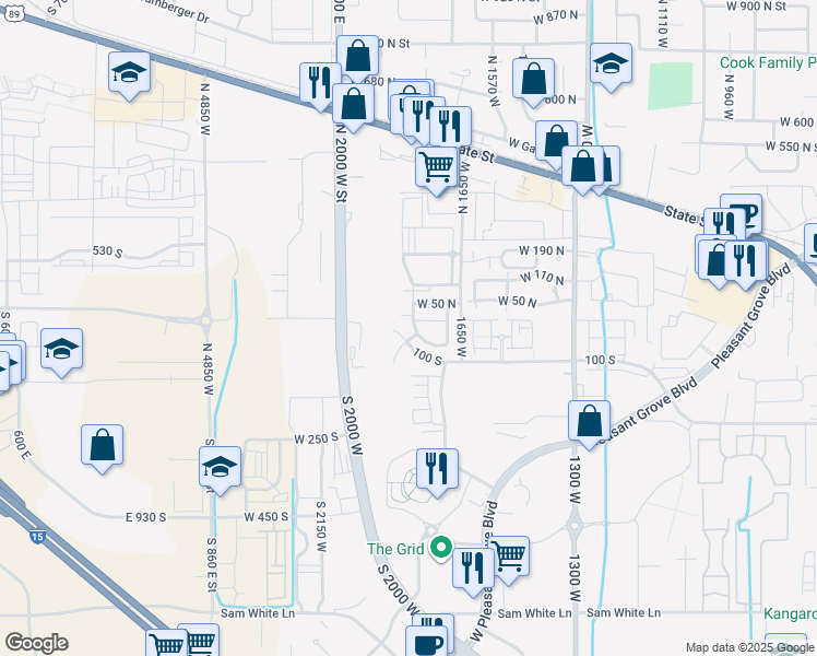 map of restaurants, bars, coffee shops, grocery stores, and more near 28 West 1800 North in Pleasant Grove