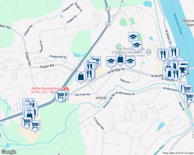 map of restaurants, bars, coffee shops, grocery stores, and more near 300 West Bridge Street in New Hope