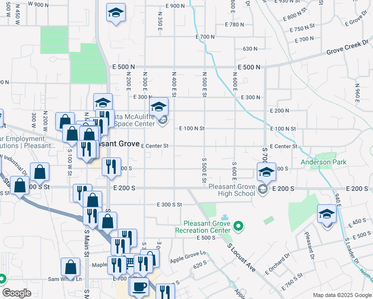 map of restaurants, bars, coffee shops, grocery stores, and more near 450 East Center Street in Pleasant Grove