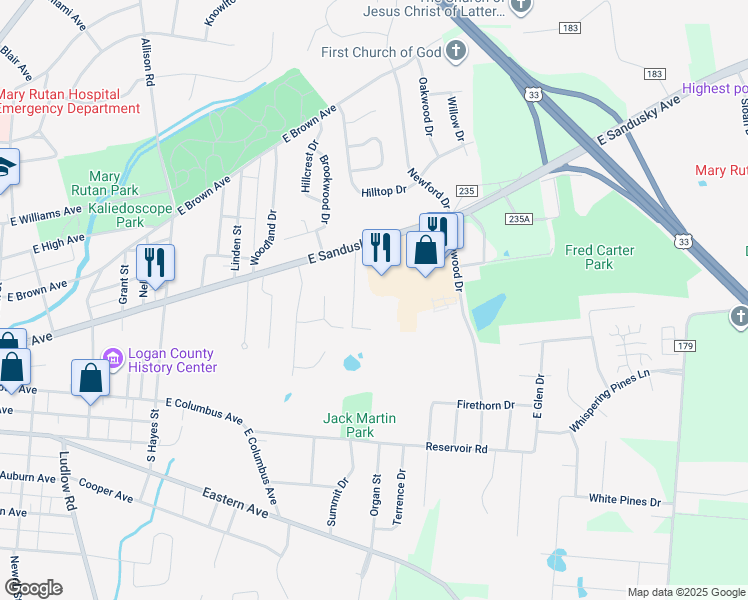 map of restaurants, bars, coffee shops, grocery stores, and more near Red Bud Hill Apartment in Bellefontaine