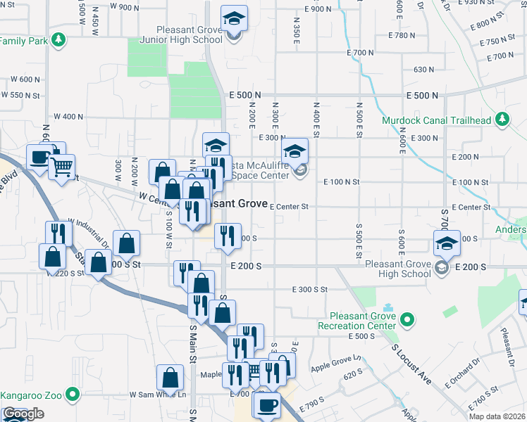 map of restaurants, bars, coffee shops, grocery stores, and more near 250 East Center Street in Pleasant Grove
