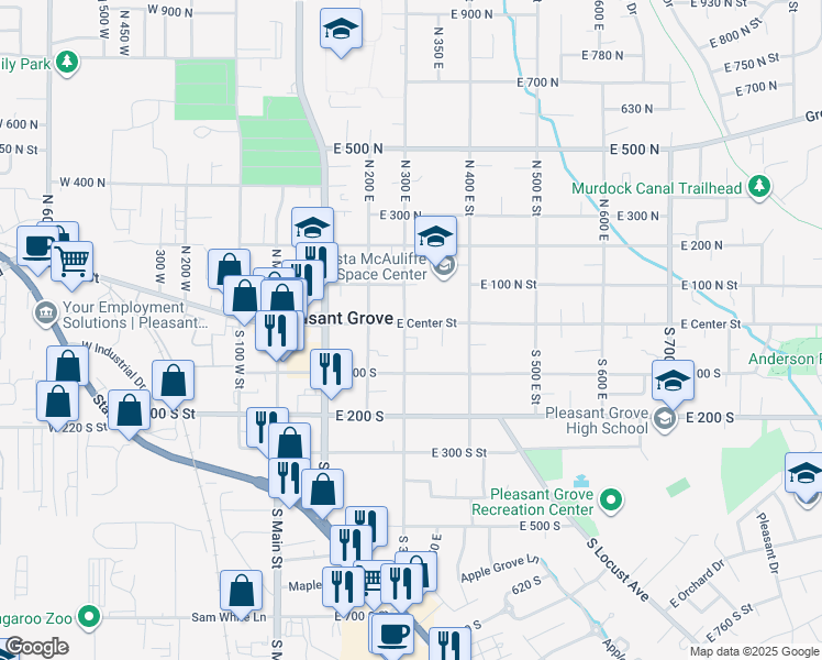 map of restaurants, bars, coffee shops, grocery stores, and more near 7 South 300 East Street in Pleasant Grove
