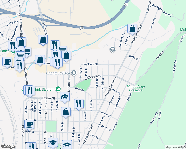 map of restaurants, bars, coffee shops, grocery stores, and more near 1901 North 15th Street in Reading
