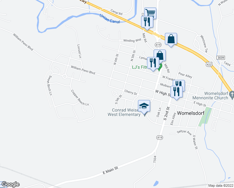 map of restaurants, bars, coffee shops, grocery stores, and more near 206 South 5th Street in Womelsdorf