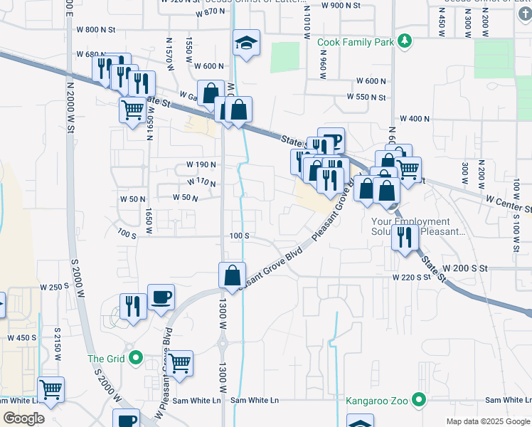 map of restaurants, bars, coffee shops, grocery stores, and more near 16 North Clayton Court in Pleasant Grove