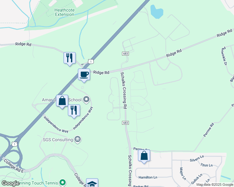 map of restaurants, bars, coffee shops, grocery stores, and more near 704 Schindler Drive in South Brunswick Township