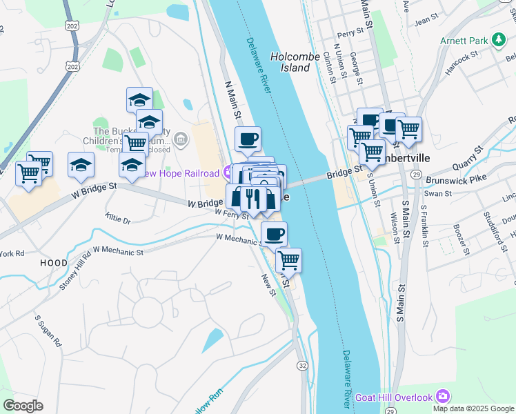 map of restaurants, bars, coffee shops, grocery stores, and more near 10 West Ferry Street in New Hope