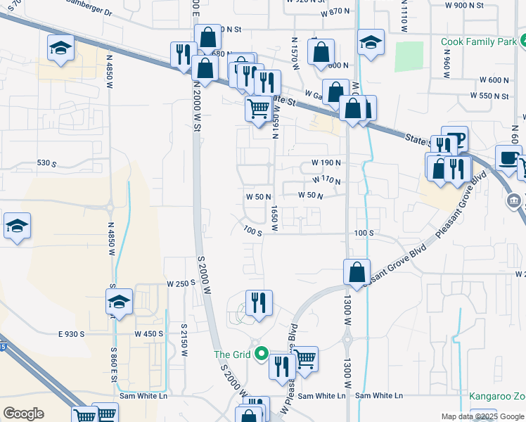 map of restaurants, bars, coffee shops, grocery stores, and more near 22 1700 West in Pleasant Grove