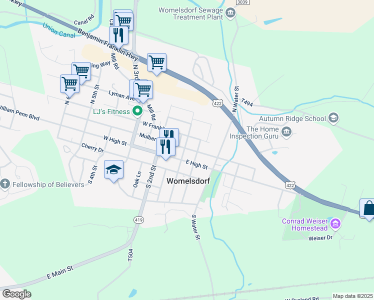 map of restaurants, bars, coffee shops, grocery stores, and more near 23 East High Street in Womelsdorf