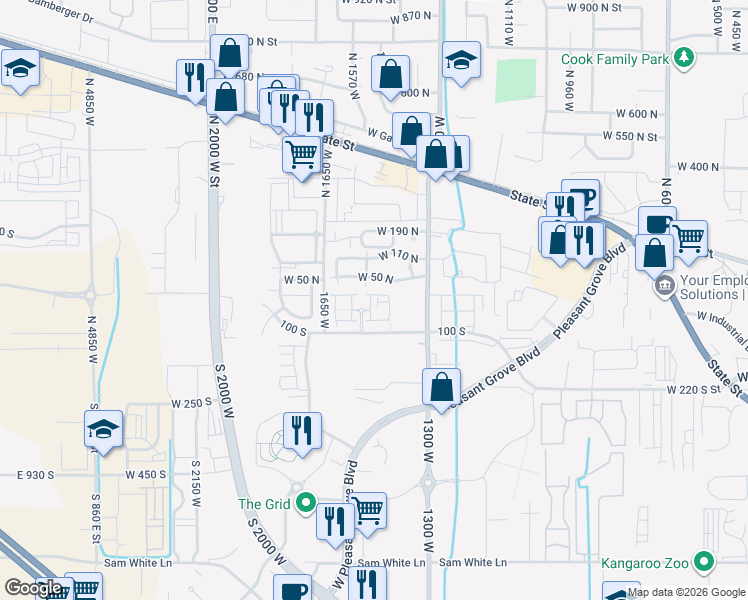 map of restaurants, bars, coffee shops, grocery stores, and more near 19 South 1520 West in Pleasant Grove