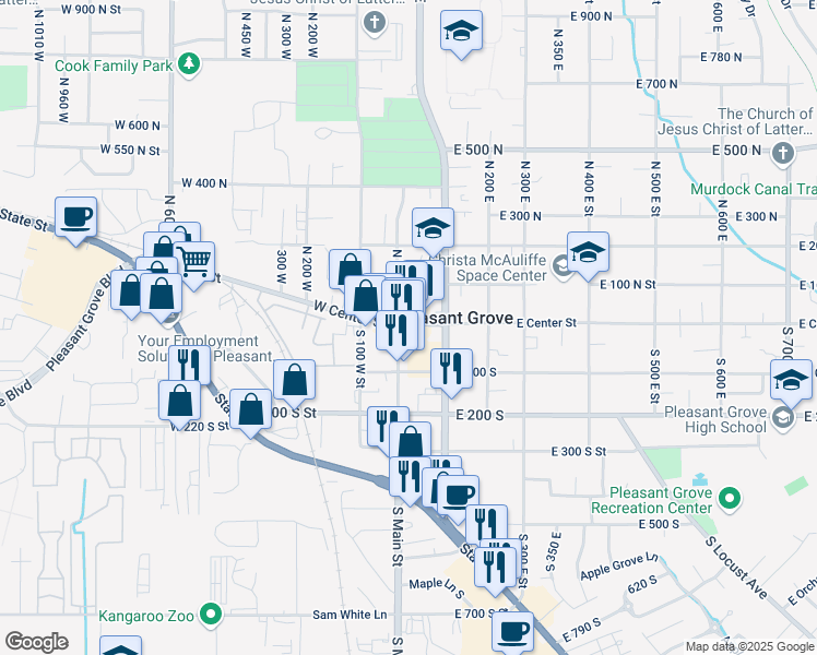 map of restaurants, bars, coffee shops, grocery stores, and more near 20 South Main Street in Pleasant Grove