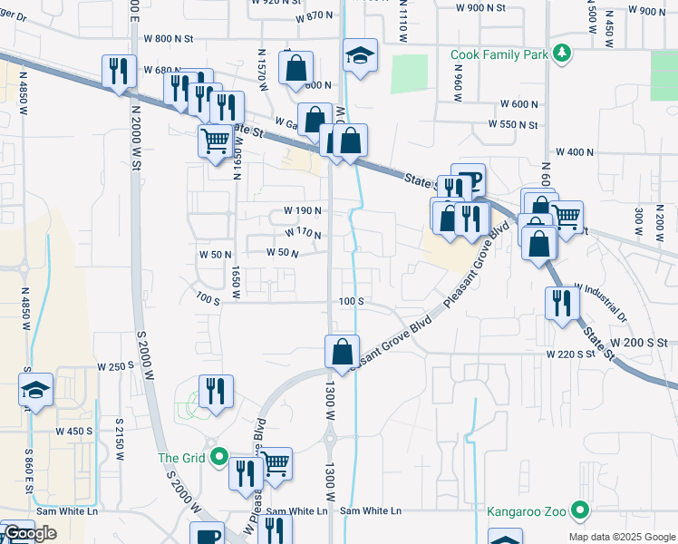 map of restaurants, bars, coffee shops, grocery stores, and more near 1261 West 20 South in Pleasant Grove