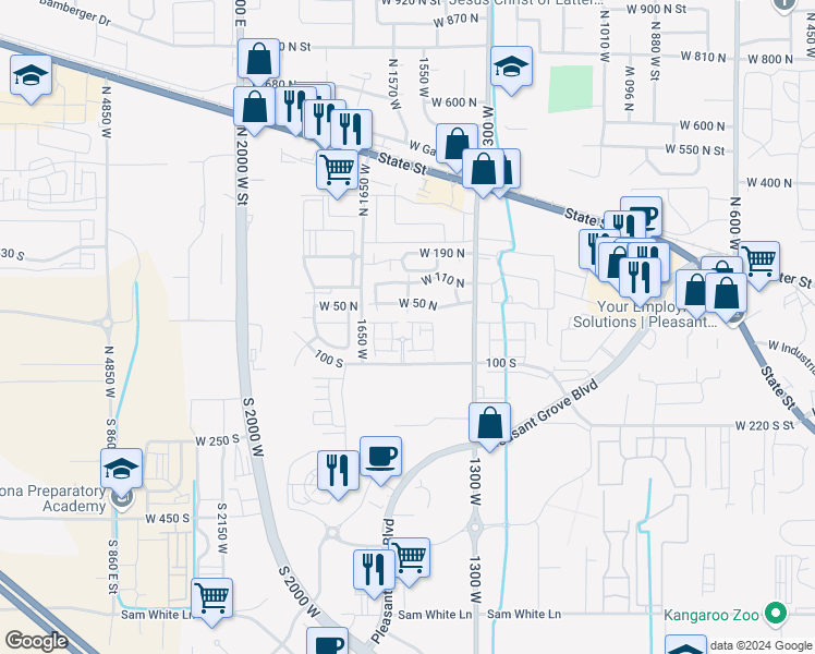 map of restaurants, bars, coffee shops, grocery stores, and more near 36 South 1460 West in Pleasant Grove