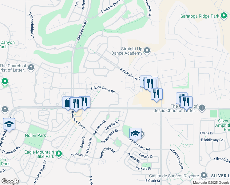 map of restaurants, bars, coffee shops, grocery stores, and more near 3826 East Rock Creek Road in Eagle Mountain