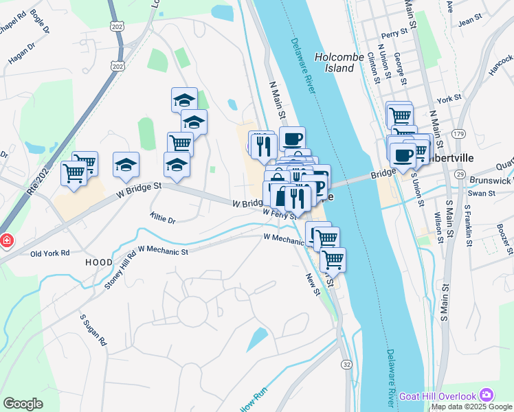 map of restaurants, bars, coffee shops, grocery stores, and more near 89 West Ferry Street in New Hope