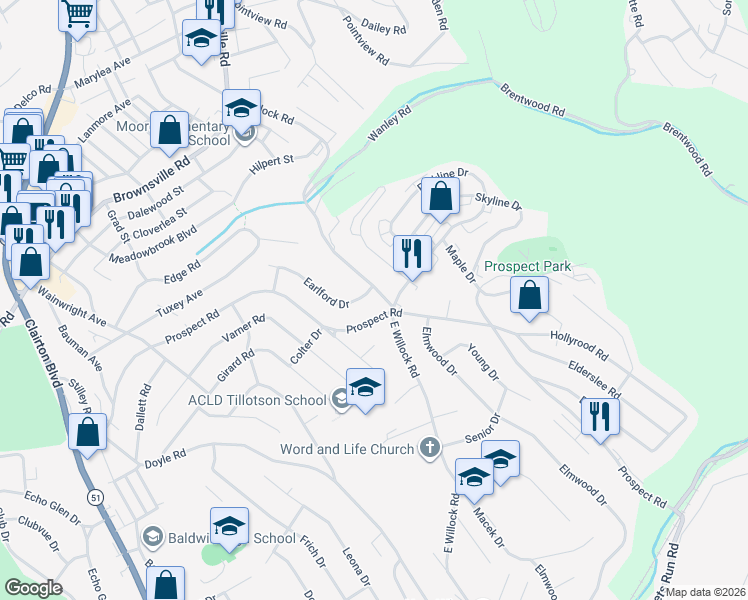 map of restaurants, bars, coffee shops, grocery stores, and more near 1326 Earlford Drive in Pittsburgh