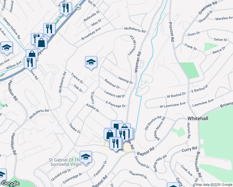 map of restaurants, bars, coffee shops, grocery stores, and more near 5128 Lantern Hill Drive in Pittsburgh