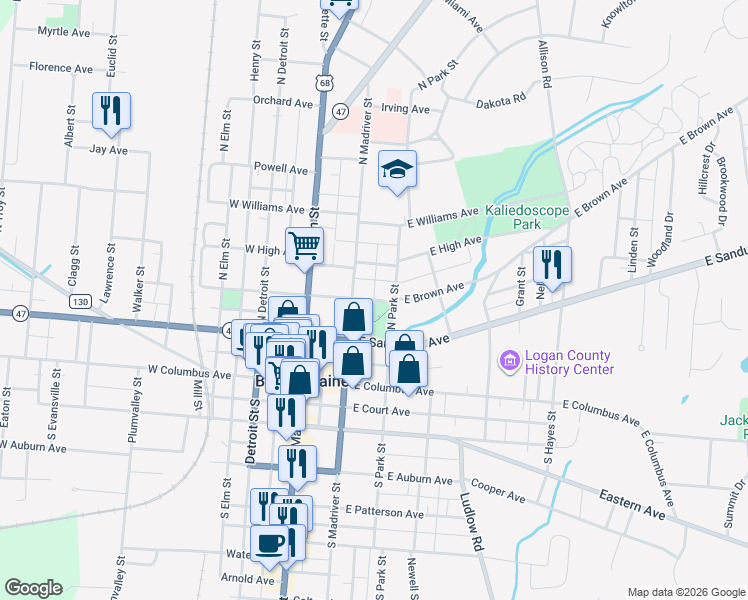 map of restaurants, bars, coffee shops, grocery stores, and more near 215 East Brown Avenue in Bellefontaine
