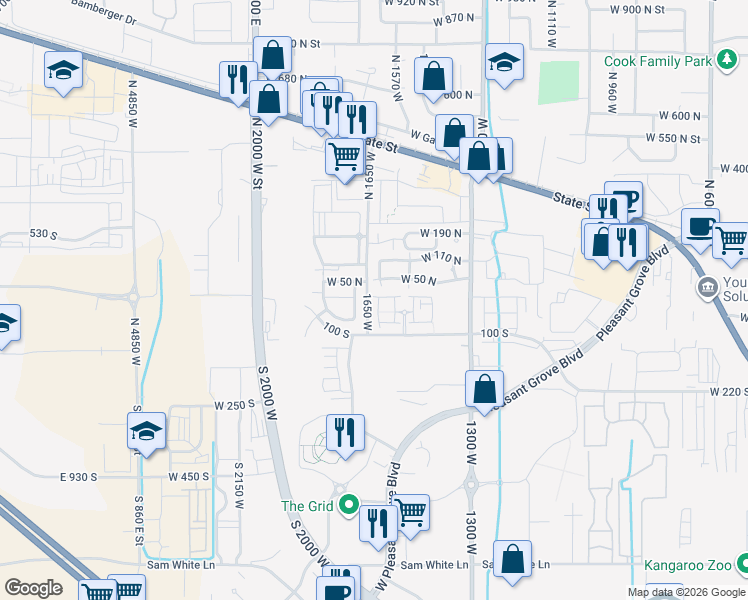 map of restaurants, bars, coffee shops, grocery stores, and more near 18 South 1630 West in Pleasant Grove