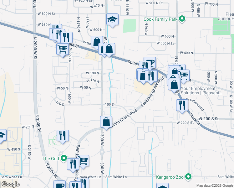 map of restaurants, bars, coffee shops, grocery stores, and more near 24 Clayton Court in Pleasant Grove