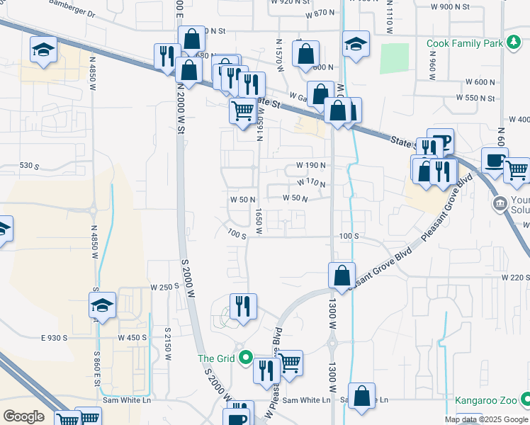 map of restaurants, bars, coffee shops, grocery stores, and more near 14 South 1630 West in Pleasant Grove