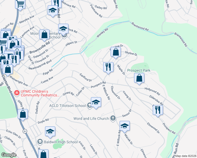 map of restaurants, bars, coffee shops, grocery stores, and more near 1326 Earlford Drive in Pittsburgh