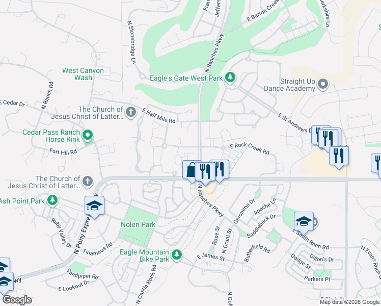 map of restaurants, bars, coffee shops, grocery stores, and more near 7217 North Clover Leaf Lane in Eagle Mountain