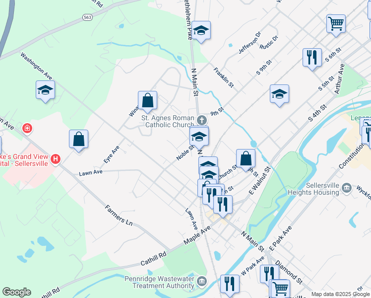 map of restaurants, bars, coffee shops, grocery stores, and more near 29 Noble Street in Sellersville