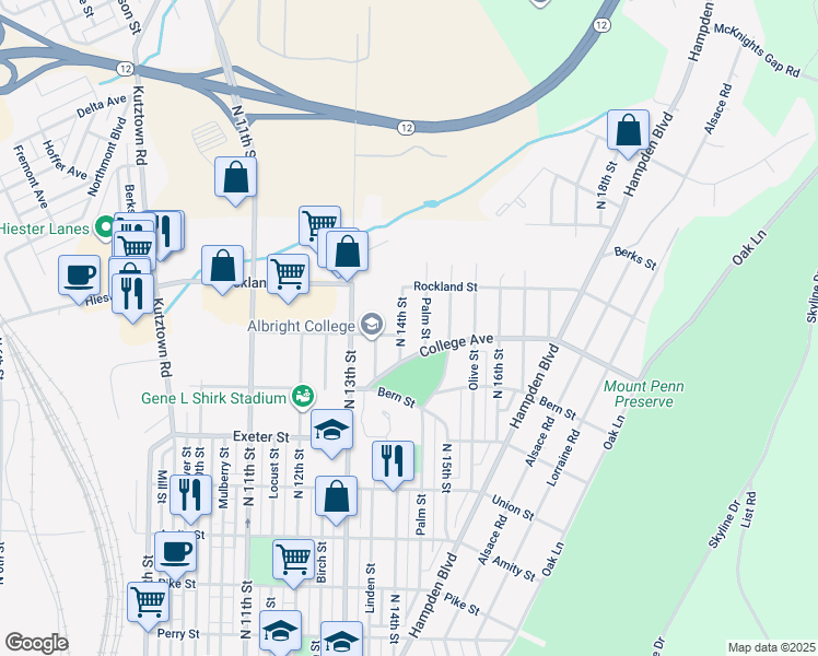 map of restaurants, bars, coffee shops, grocery stores, and more near 1908 Palm Street in Reading