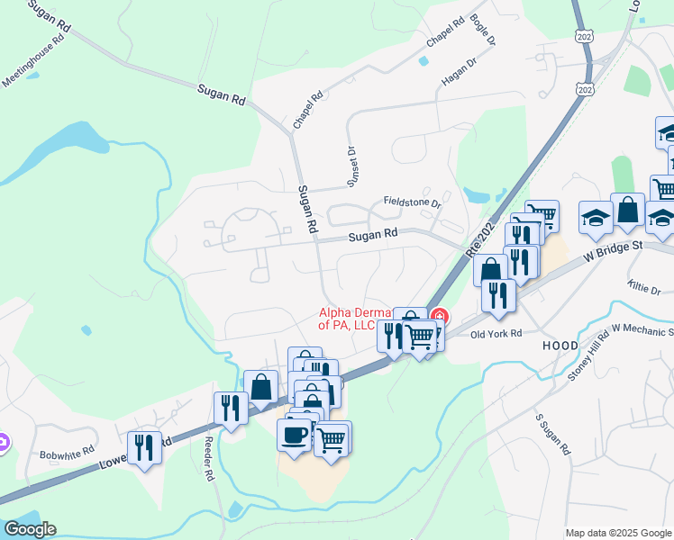 map of restaurants, bars, coffee shops, grocery stores, and more near 727 Brighton Way in New Hope