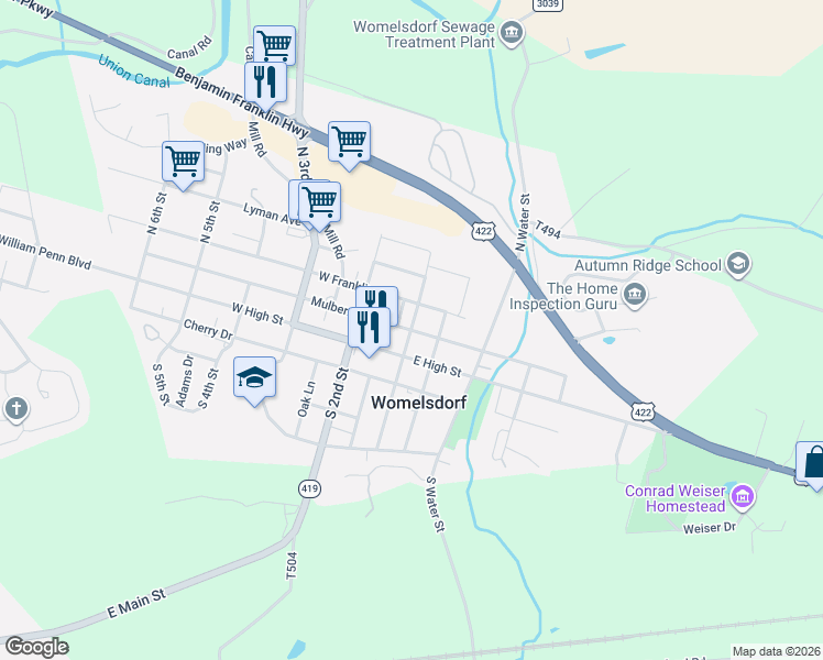 map of restaurants, bars, coffee shops, grocery stores, and more near 107 West High Street in Womelsdorf