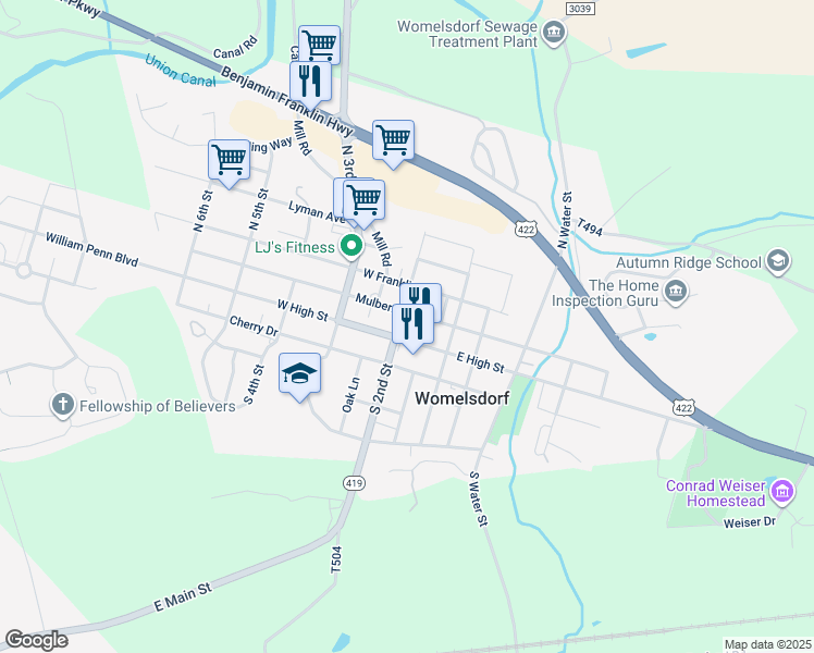 map of restaurants, bars, coffee shops, grocery stores, and more near 148 West High Street in Womelsdorf