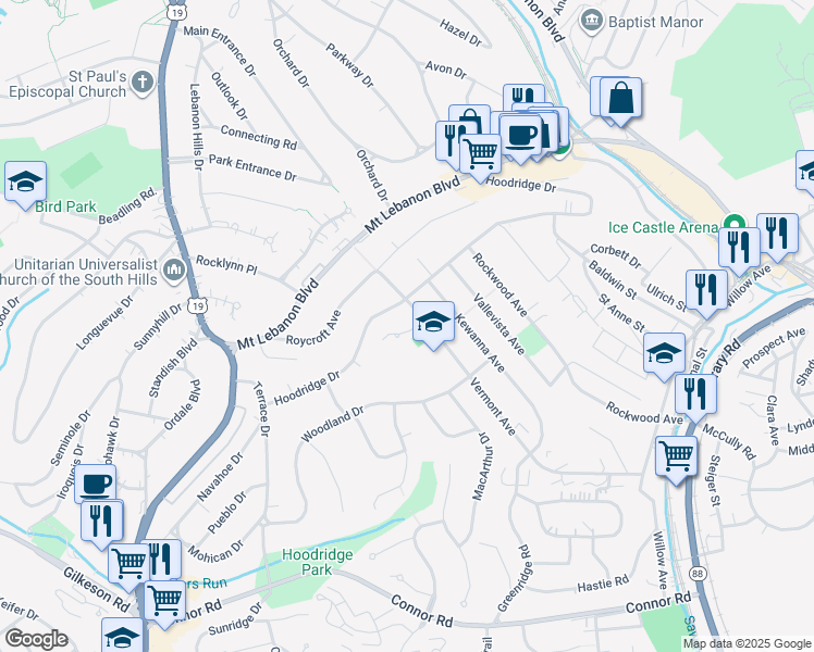map of restaurants, bars, coffee shops, grocery stores, and more near 612 Vermont Avenue in Pittsburgh