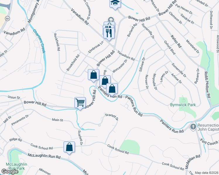 map of restaurants, bars, coffee shops, grocery stores, and more near 1884 Painters Run Road in Pittsburgh