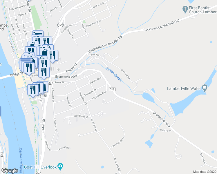 map of restaurants, bars, coffee shops, grocery stores, and more near 241 Brunswick Avenue in Lambertville