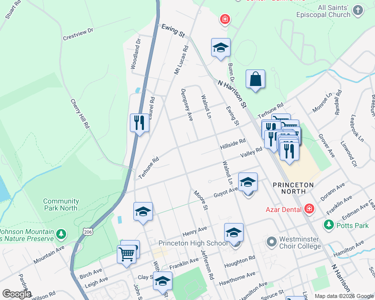 map of restaurants, bars, coffee shops, grocery stores, and more near 297 Jefferson Road in Princeton