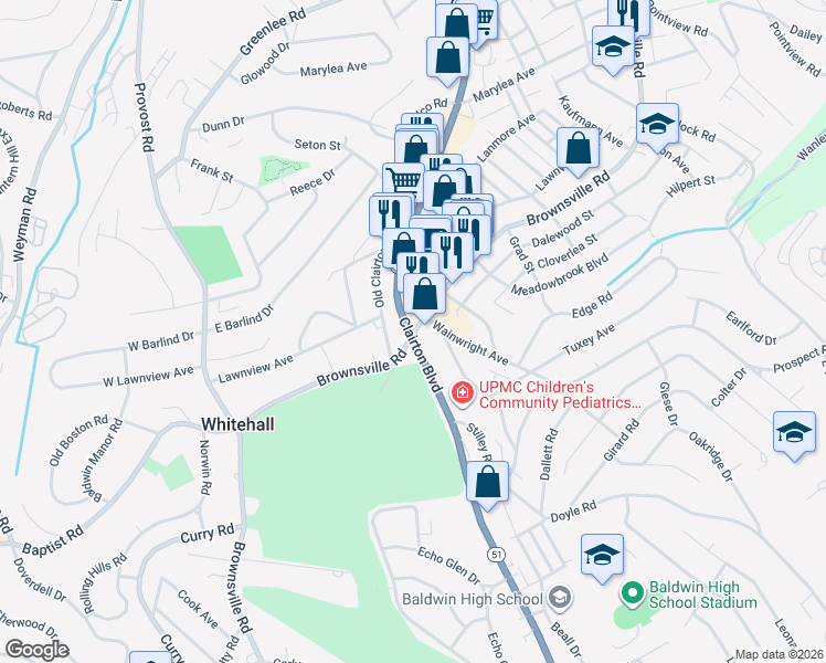 map of restaurants, bars, coffee shops, grocery stores, and more near 4230 Brownsville Road in Pittsburgh