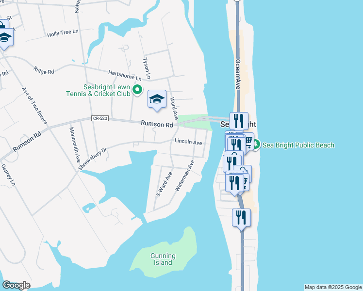 map of restaurants, bars, coffee shops, grocery stores, and more near 14 Washington Avenue in Rumson