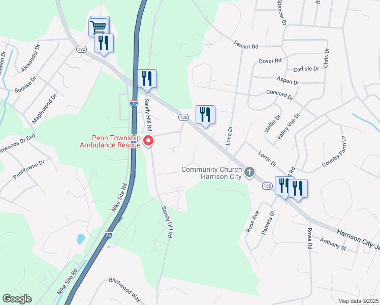 map of restaurants, bars, coffee shops, grocery stores, and more near 335 Country View Drive in Irwin