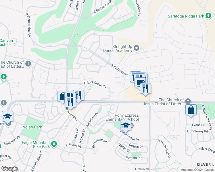 map of restaurants, bars, coffee shops, grocery stores, and more near 3821 East Rock Creek Road in Eagle Mountain