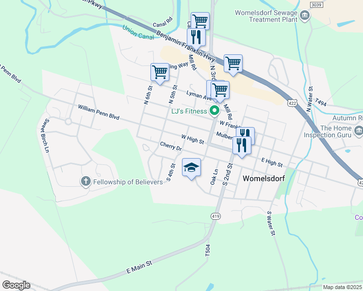 map of restaurants, bars, coffee shops, grocery stores, and more near 20 South 4th Street in Womelsdorf