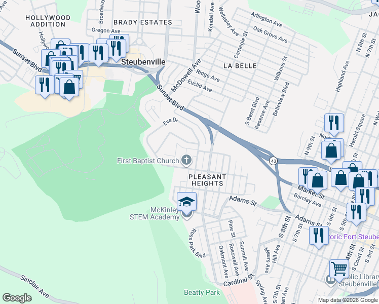 map of restaurants, bars, coffee shops, grocery stores, and more near 327 Union Avenue in Steubenville